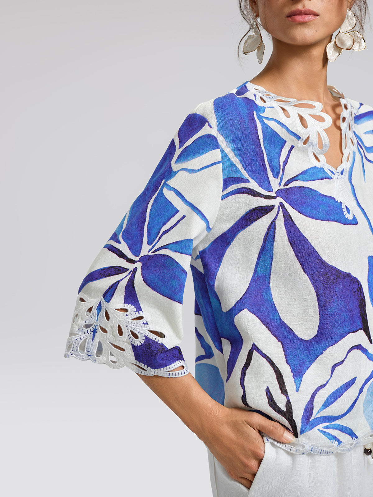 100% Linen Hand-Drawn Resort Print Embroidered Top