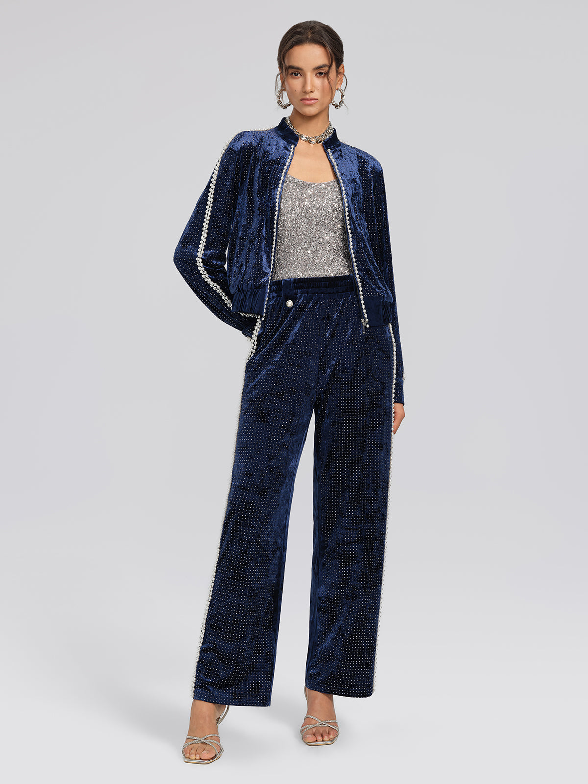 Hand-Beaded Pearl Rhinestone Velvet Pants