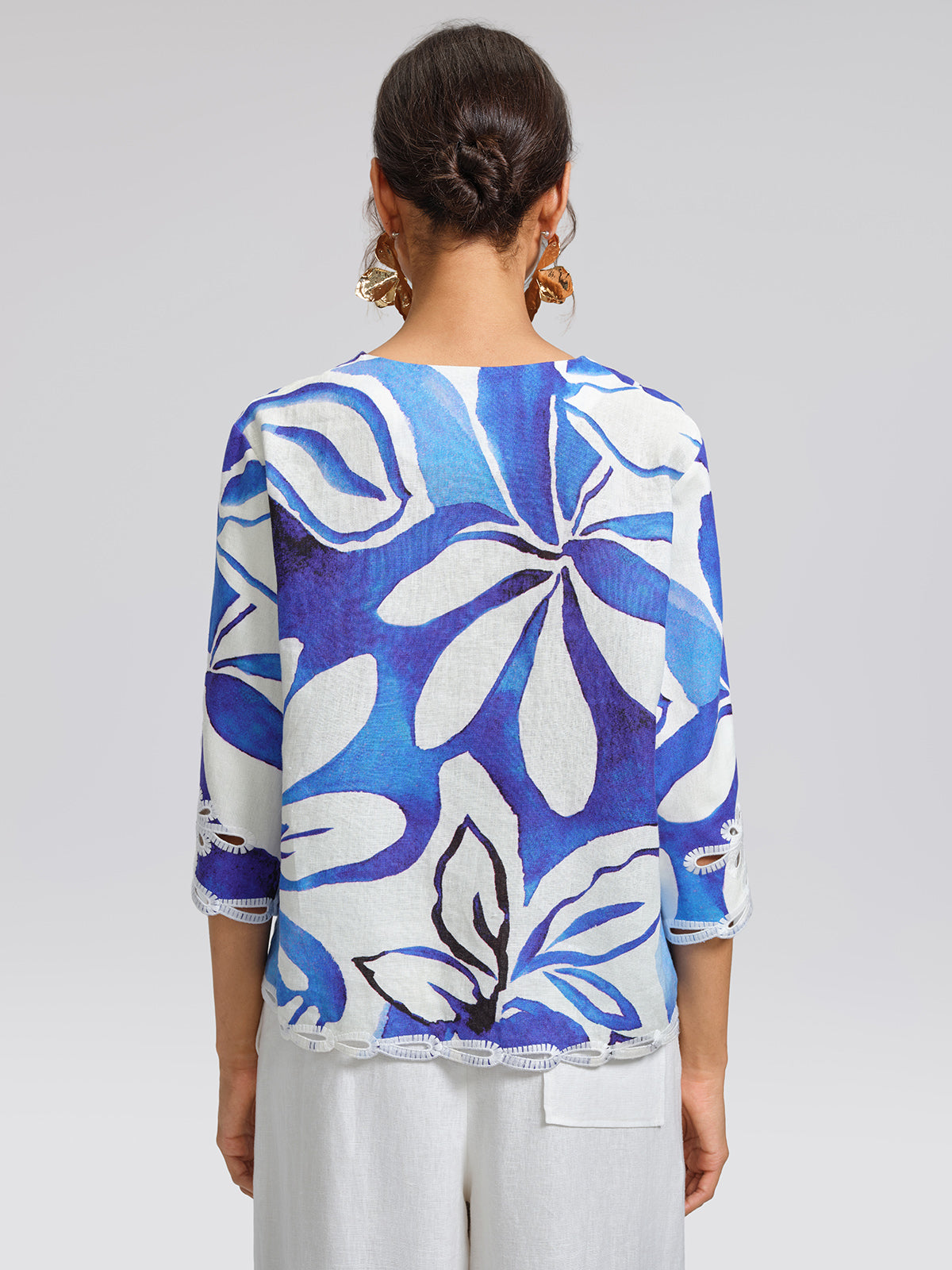 100% Linen Hand-Drawn Resort Print Embroidered Top