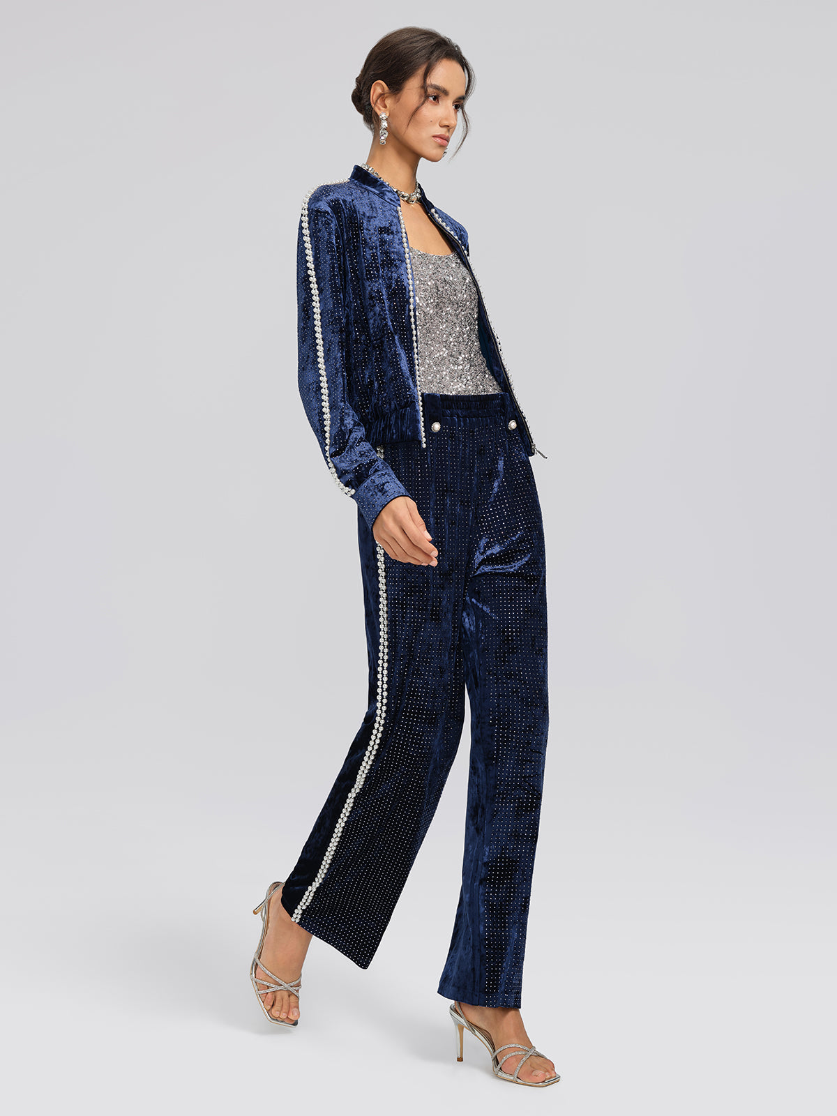 Hand-Beaded Pearl Rhinestone Velvet Pants