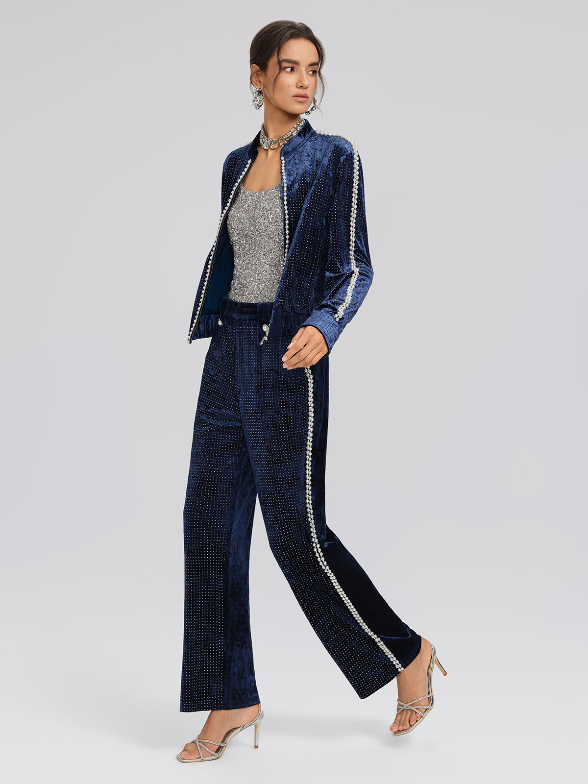 Hand-Beaded Pearl Rhinestone Velvet Pants