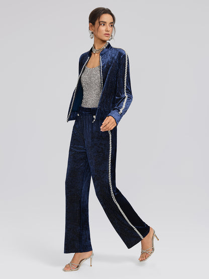 Hand-Beaded Pearl Rhinestone Velvet Jacket