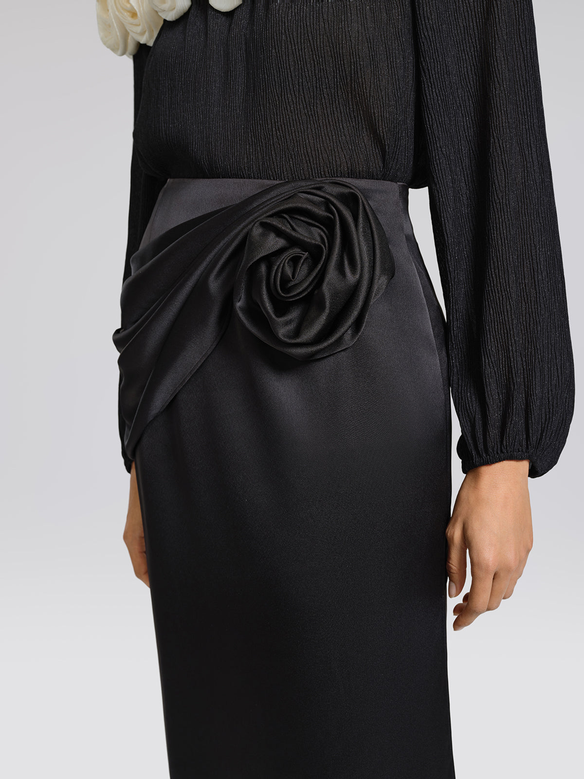 Black Satin 3D Floral Skirt
