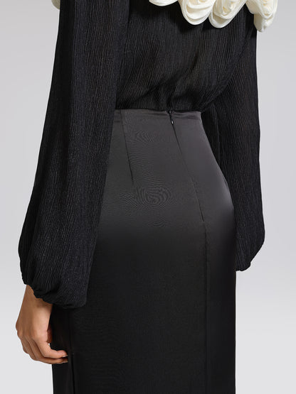 Black Satin 3D Floral Skirt