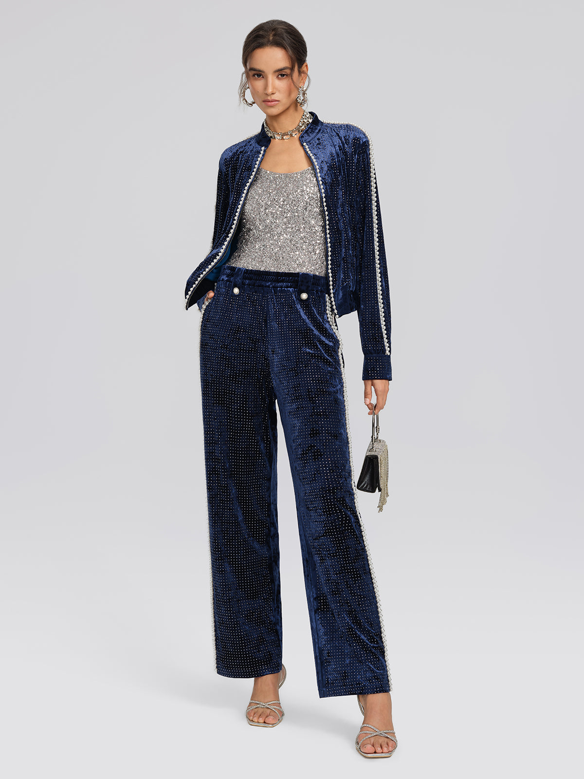 Hand-Beaded Pearl Rhinestone Velvet Pants