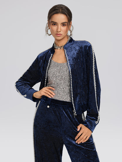 Hand-Beaded Pearl Rhinestone Velvet Jacket