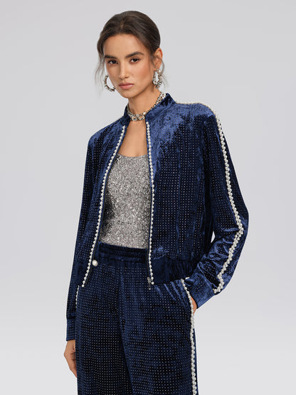 Hand-Beaded Pearl Rhinestone Velvet Jacket