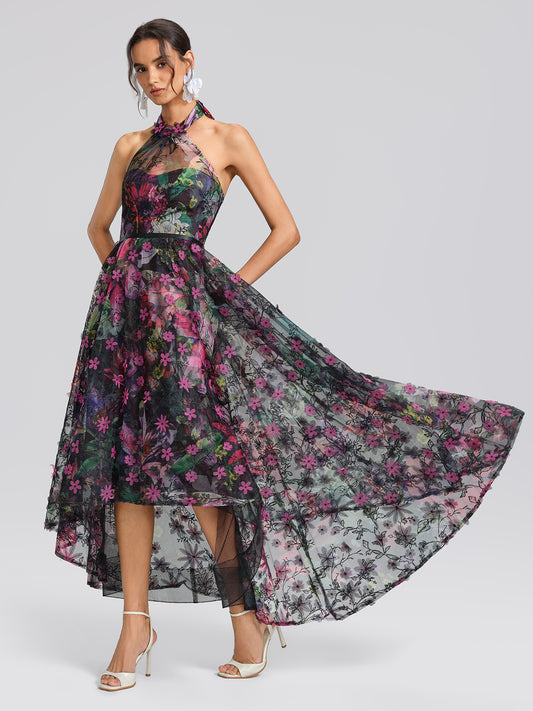 Floral Print Tulle Halter Neck Maxi Dress