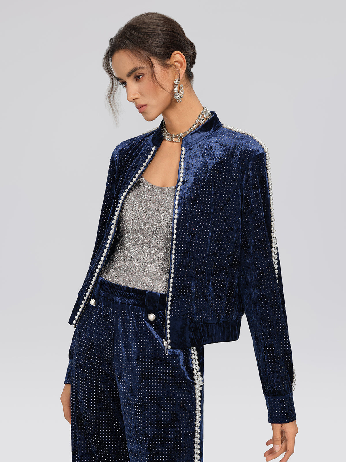 Hand-Beaded Pearl Rhinestone Velvet Jacket