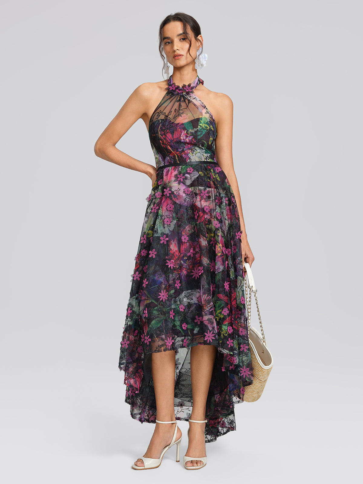 Floral Print Tulle Halter Neck Maxi Dress