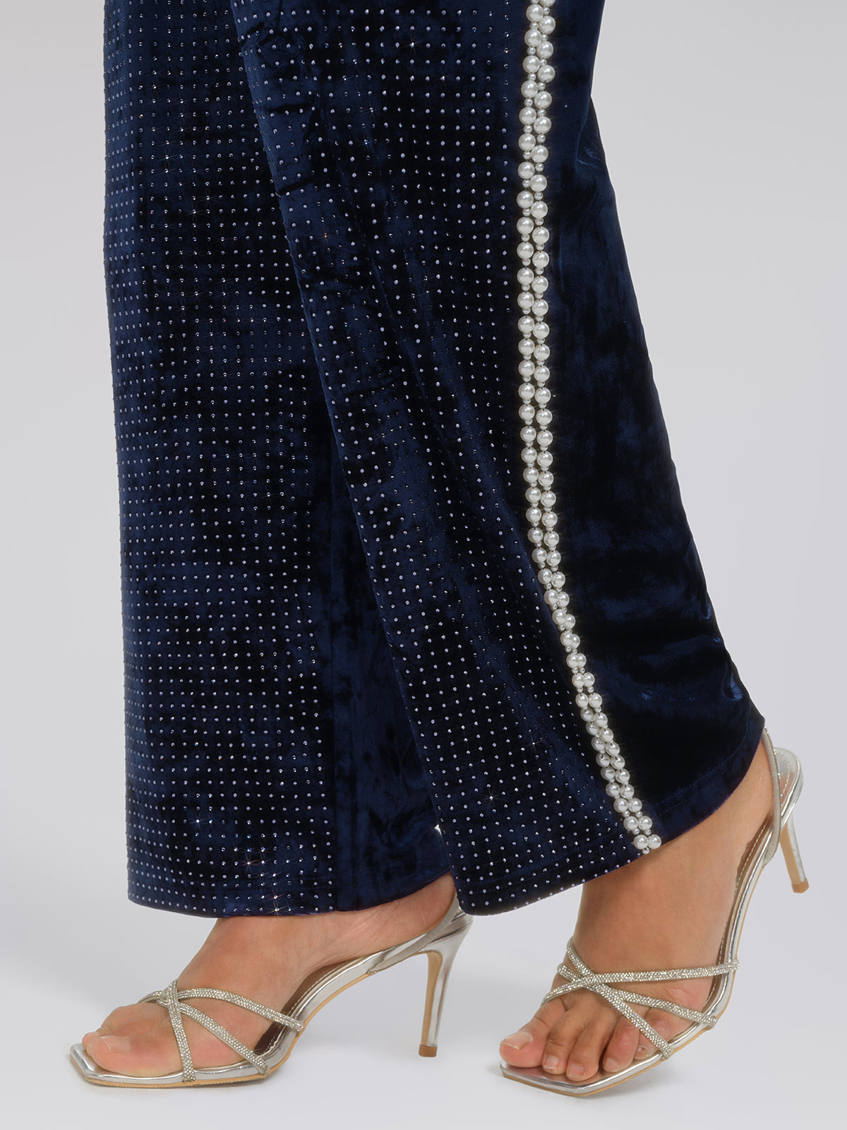 Hand-Beaded Pearl Rhinestone Velvet Pants