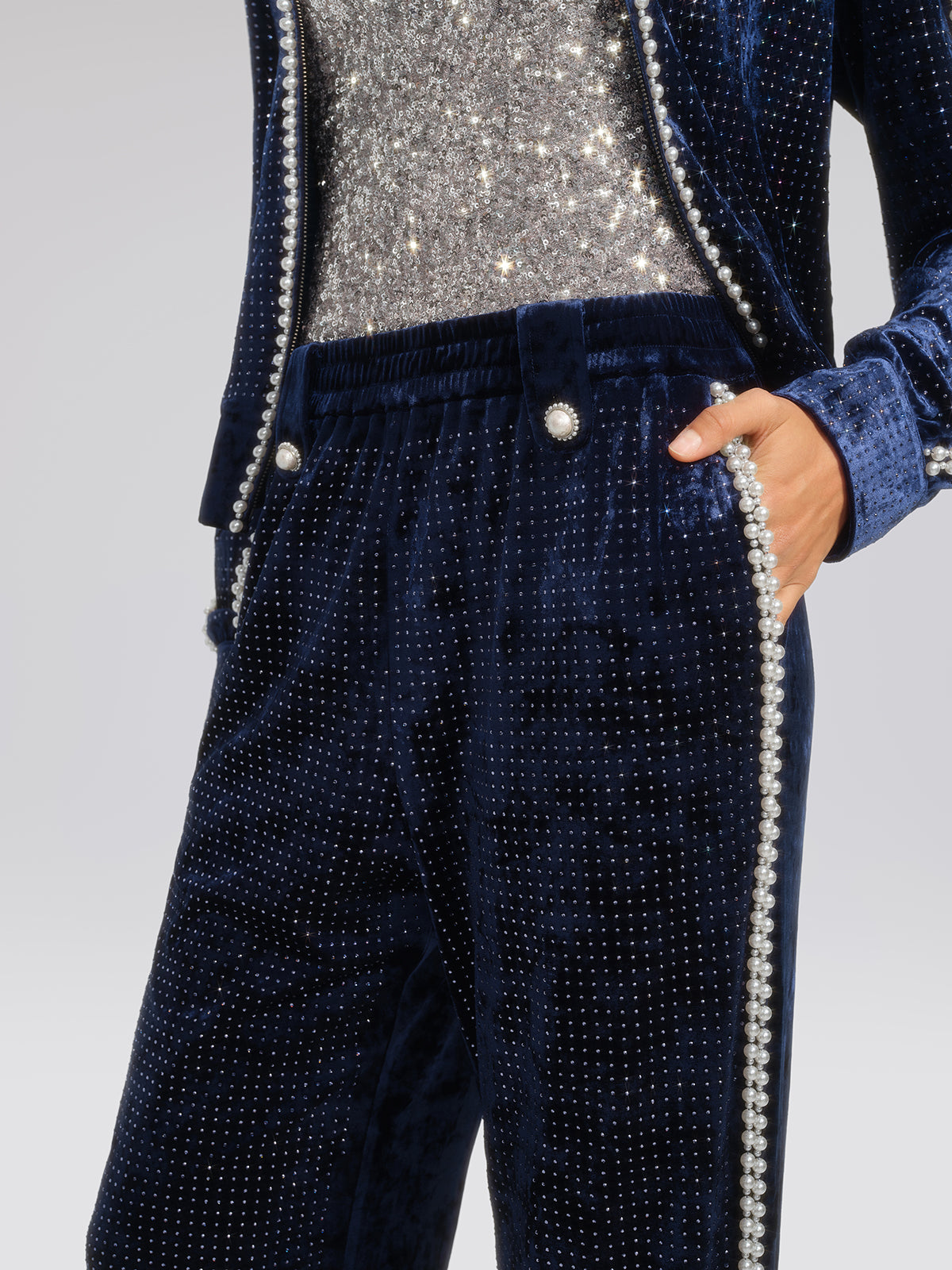 Hand-Beaded Pearl Rhinestone Velvet Pants