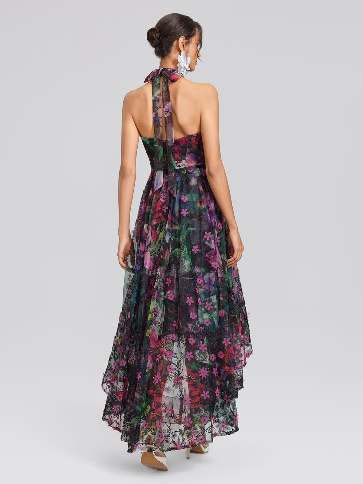 Floral Print Tulle Halter Neck Maxi Dress