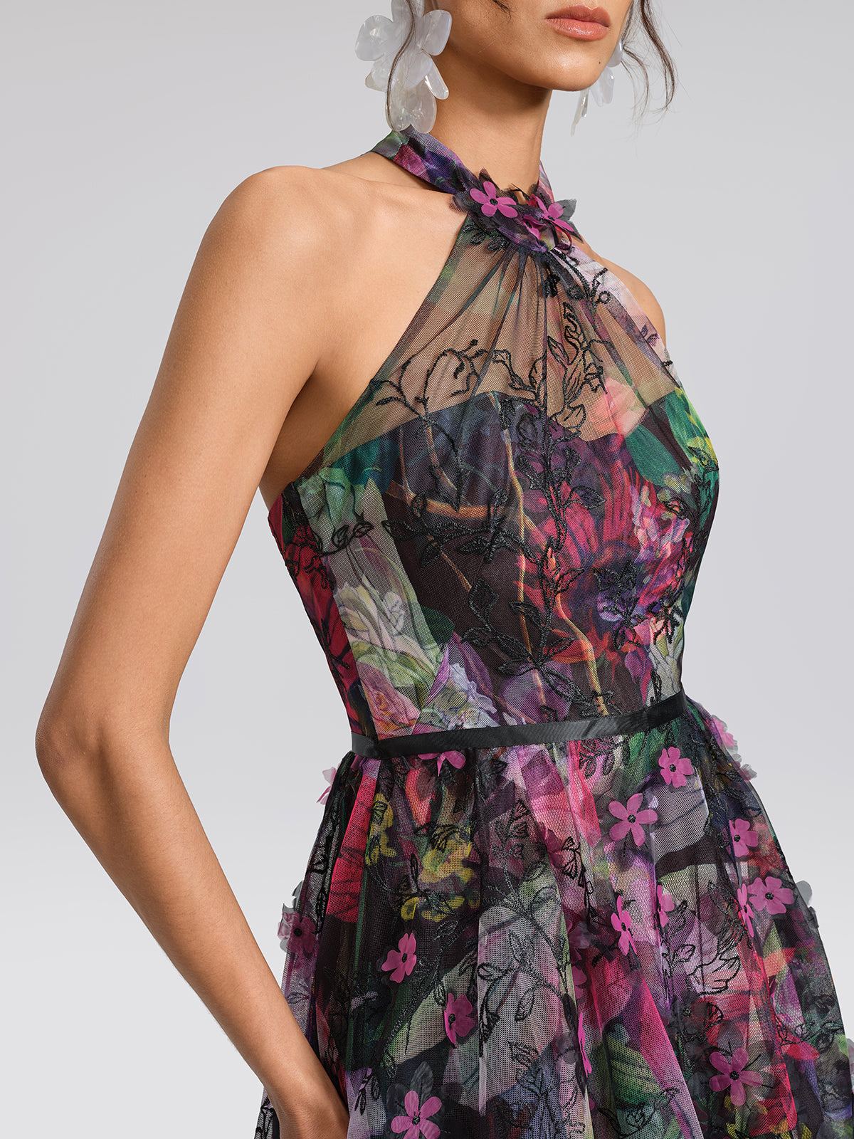 Floral Print Tulle Halter Neck Maxi Dress