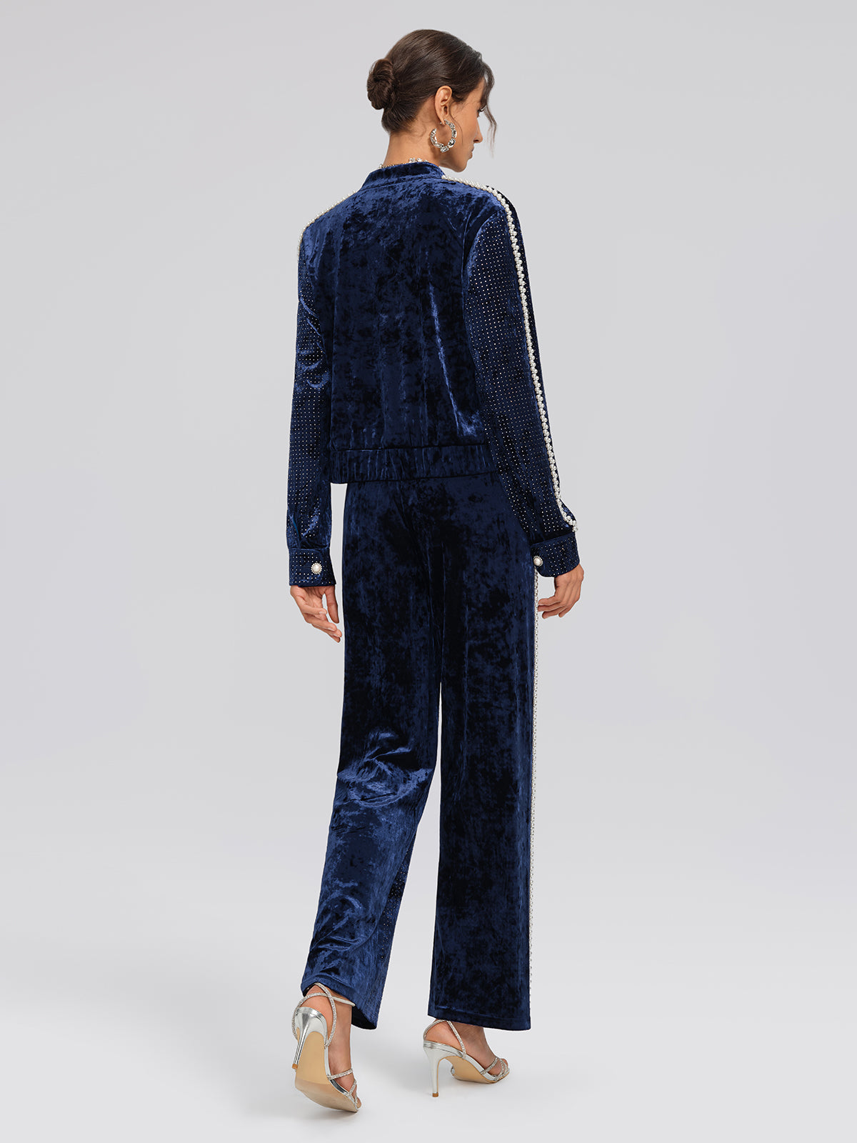 Hand-Beaded Pearl Rhinestone Velvet Pants
