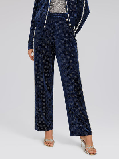 Hand-Beaded Pearl Rhinestone Velvet Pants