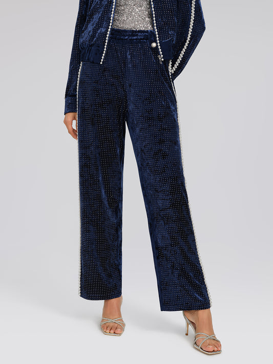 Hand-Beaded Pearl Rhinestone Velvet Pants