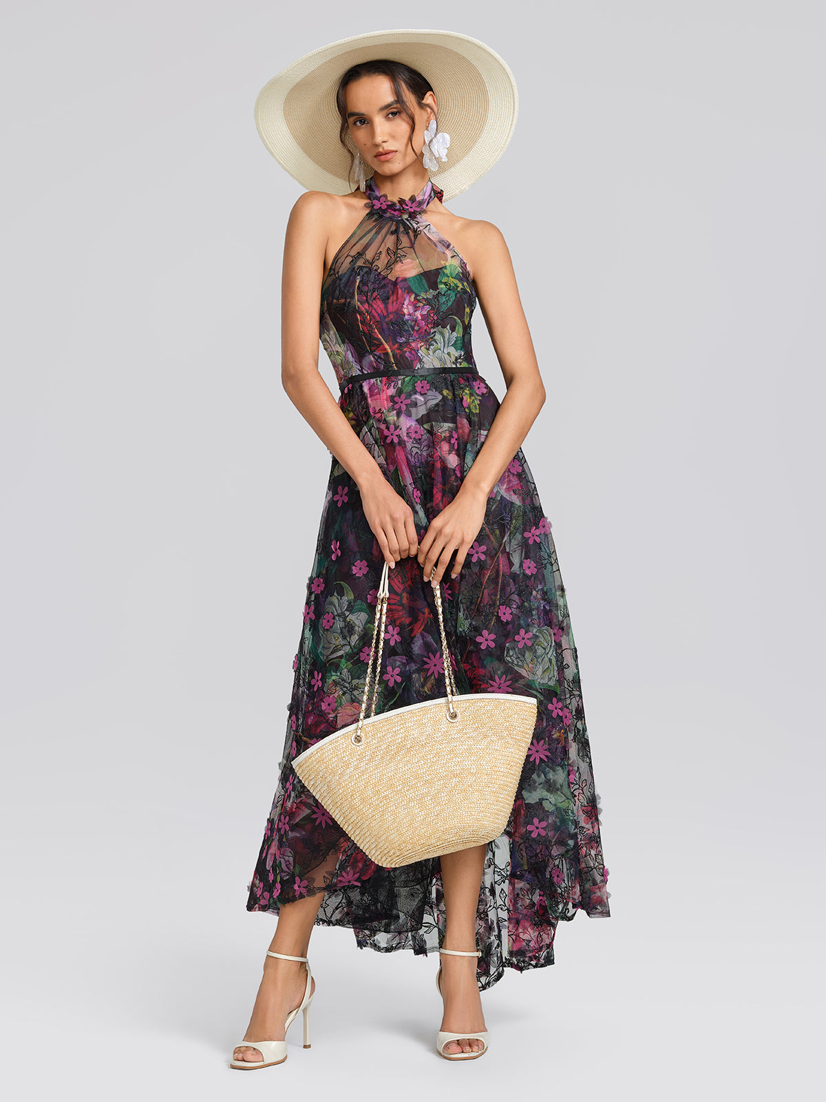 Floral Print Tulle Halter Neck Maxi Dress