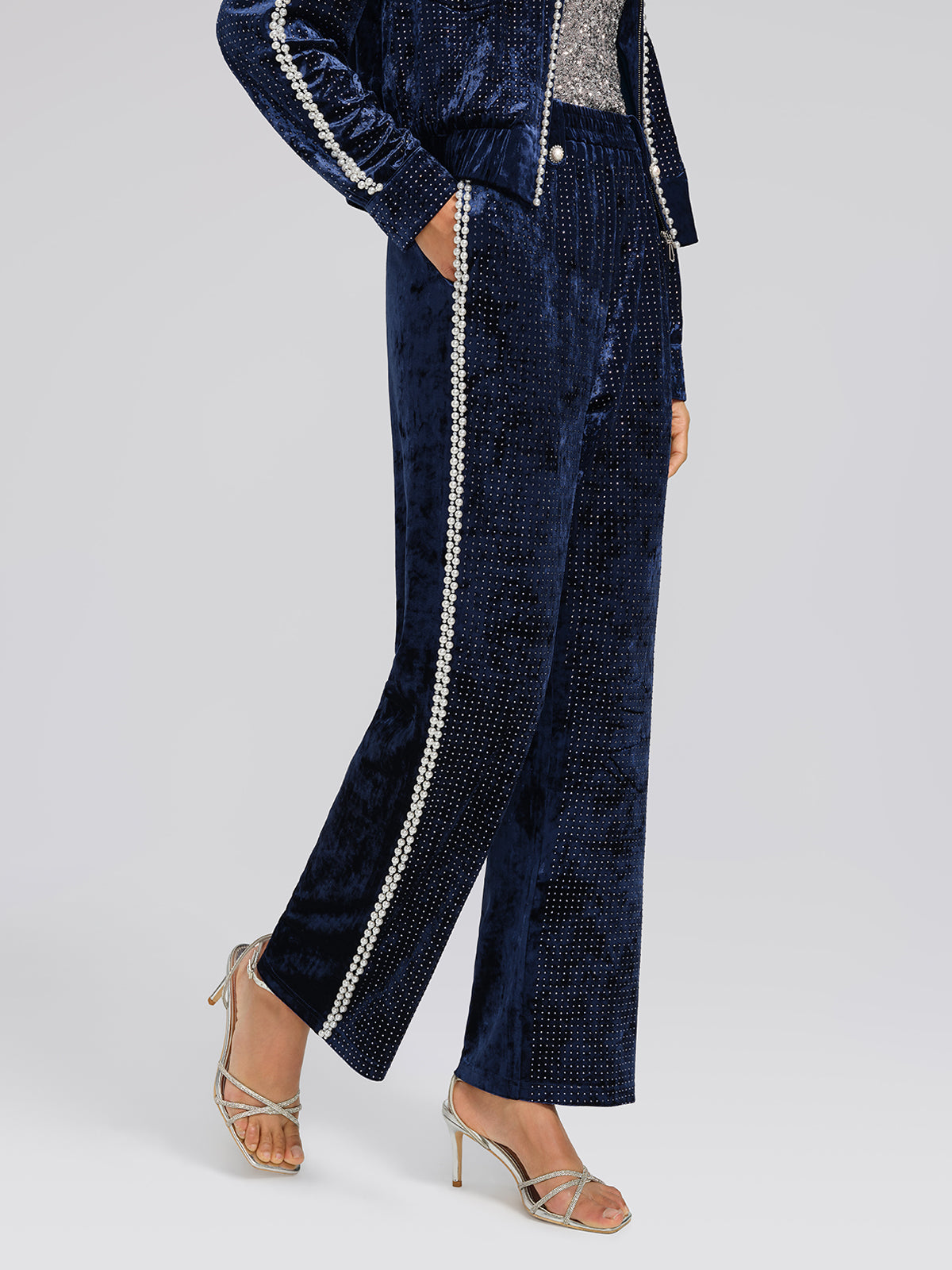 Hand-Beaded Pearl Rhinestone Velvet Pants