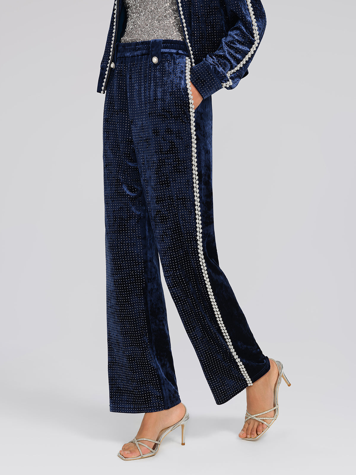 Hand-Beaded Pearl Rhinestone Velvet Pants
