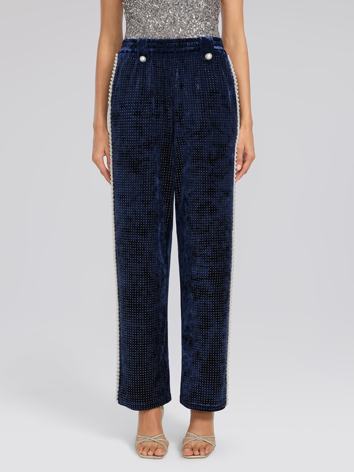 Hand-Beaded Pearl Rhinestone Velvet Pants