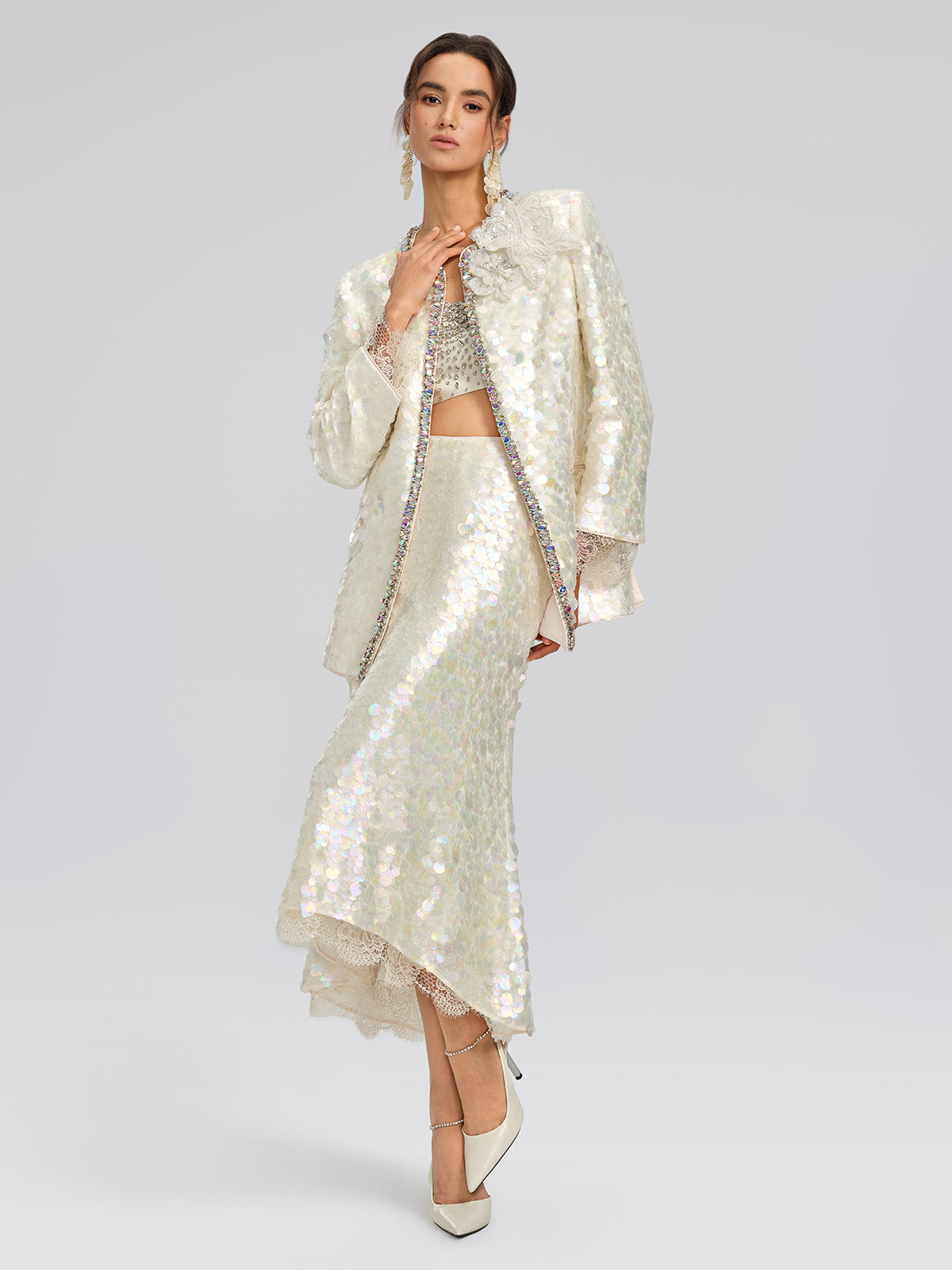 Iridescent Sequin Hand-Beaded Jacket (Detachable Flower Included)