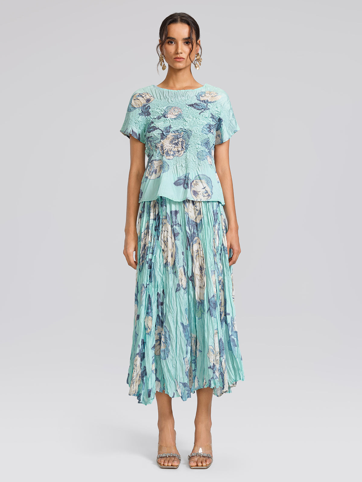 Floral Pleated Short-Sleeve Top & Skirt Set