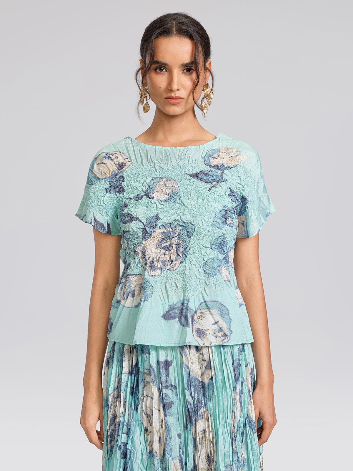 Floral Pleated Short-Sleeve Top & Skirt Set