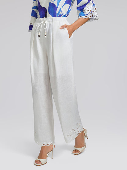 Linen Cutout Embroidered Straight-Leg Pants