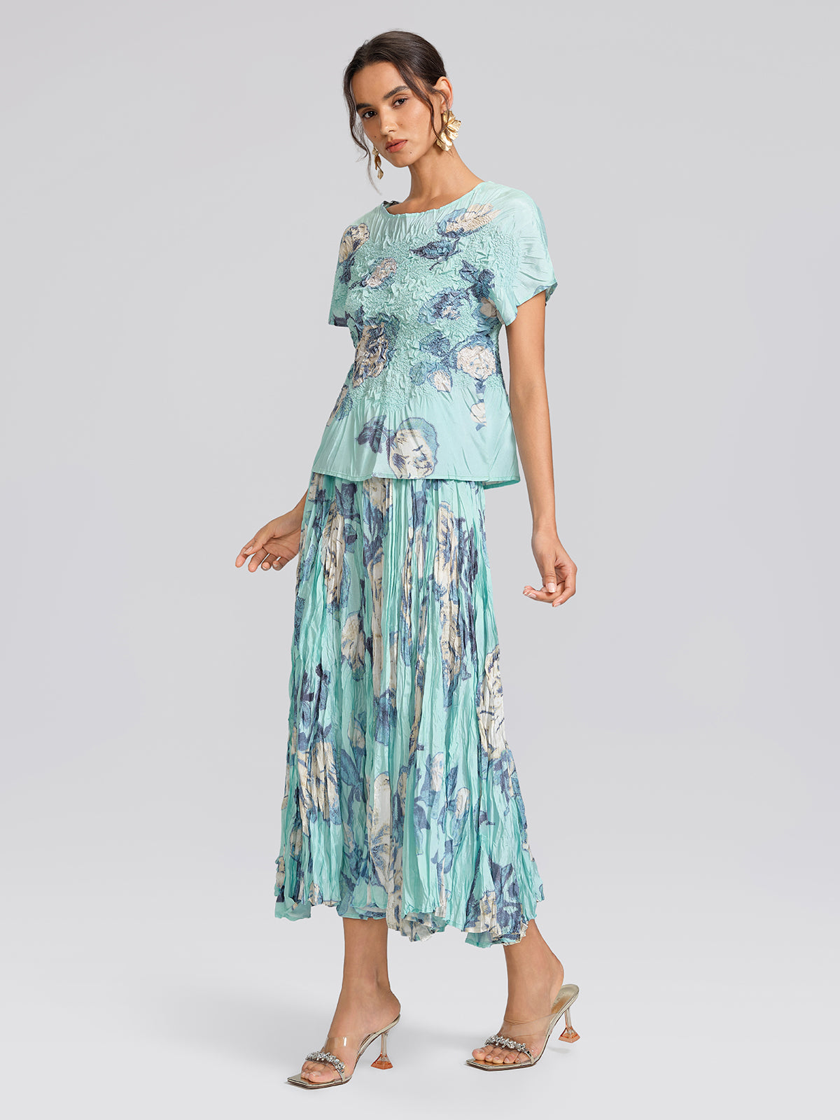 Floral Pleated Short-Sleeve Top & Skirt Set