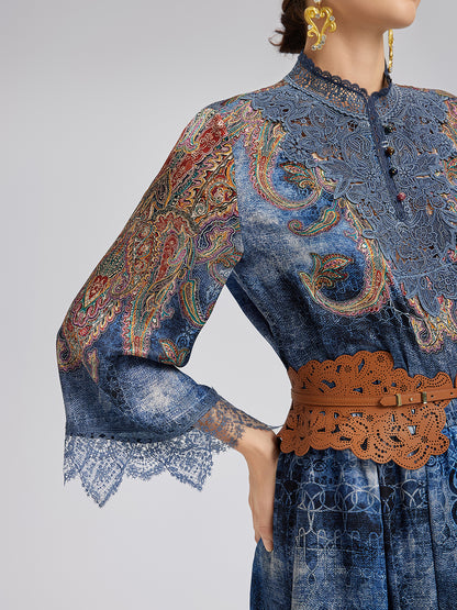 100% Silk Paisley Tie-Dye Stand Collar Blouse