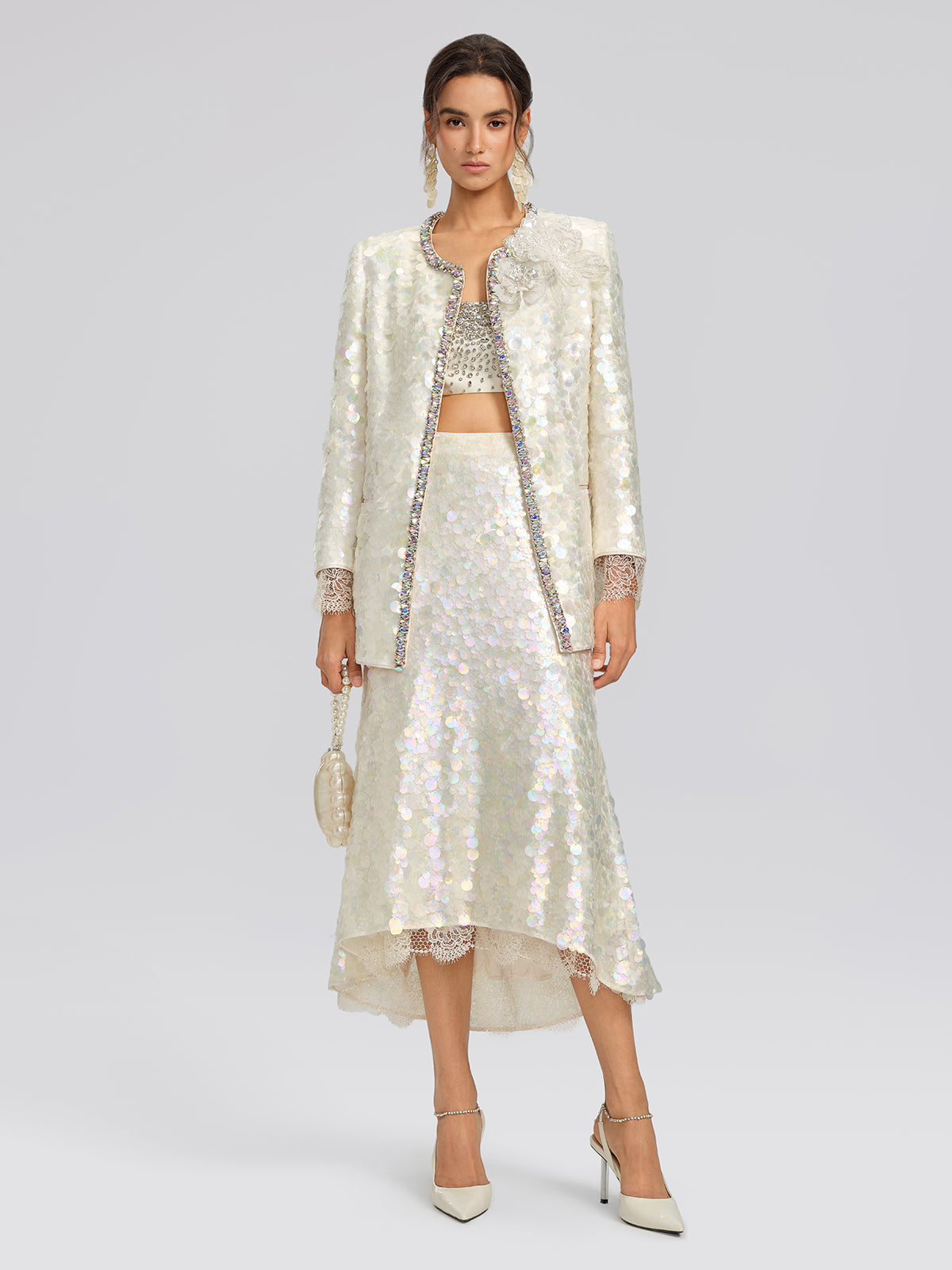 Iridescent Sequin Hand-Beaded Jacket (Detachable Flower Included)