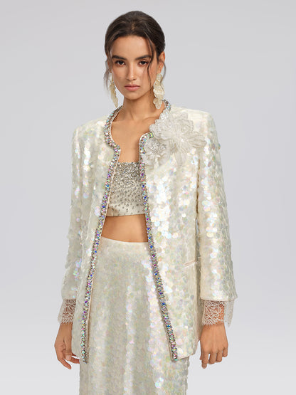 Iridescent Sequin Hand-Beaded Jacket (Detachable Flower Included)