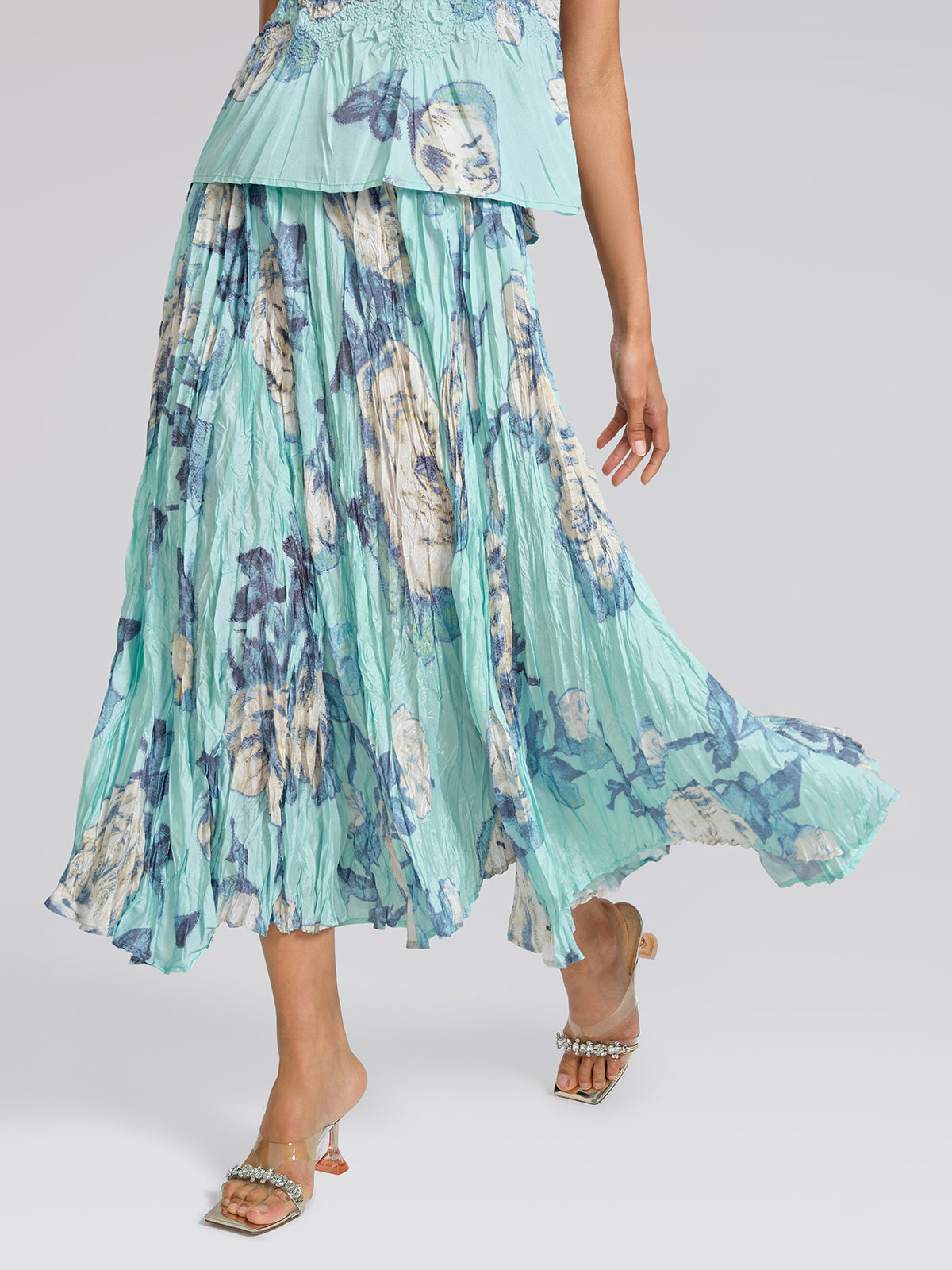 Floral Pleated Short-Sleeve Top & Skirt Set