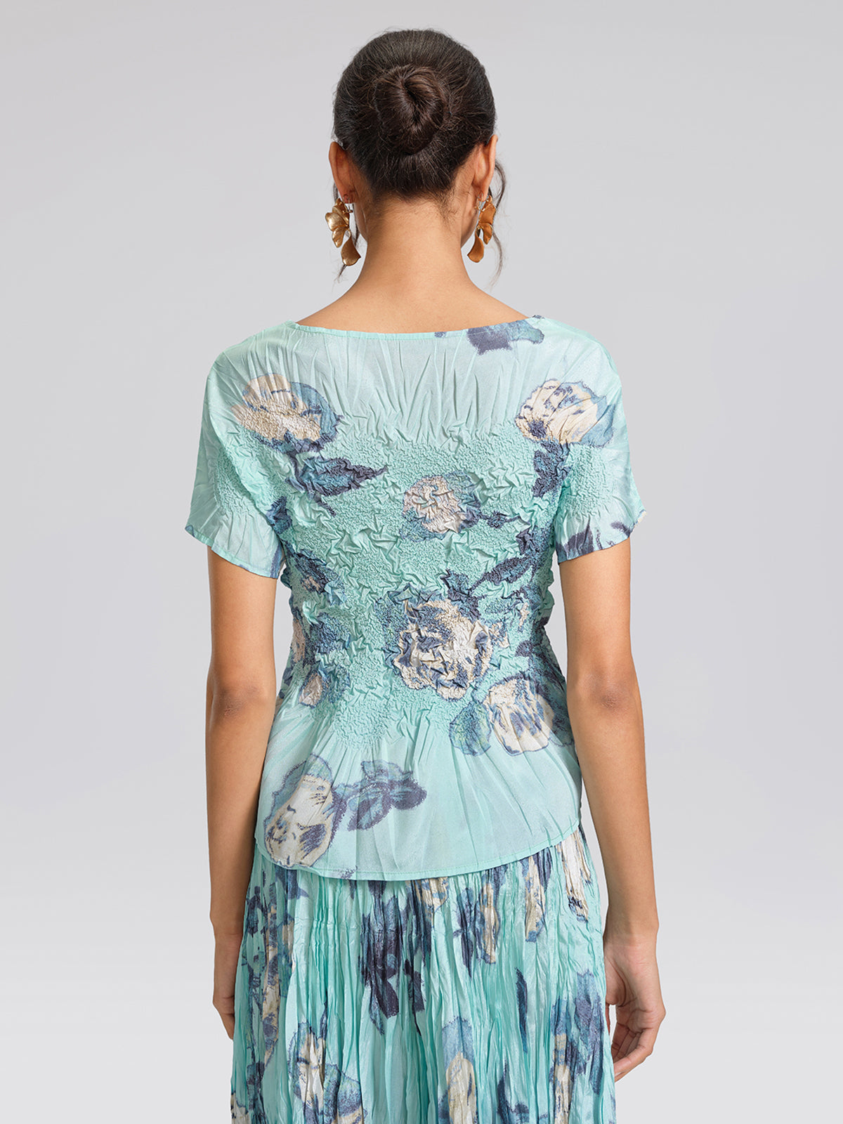 Floral Pleated Short-Sleeve Top & Skirt Set