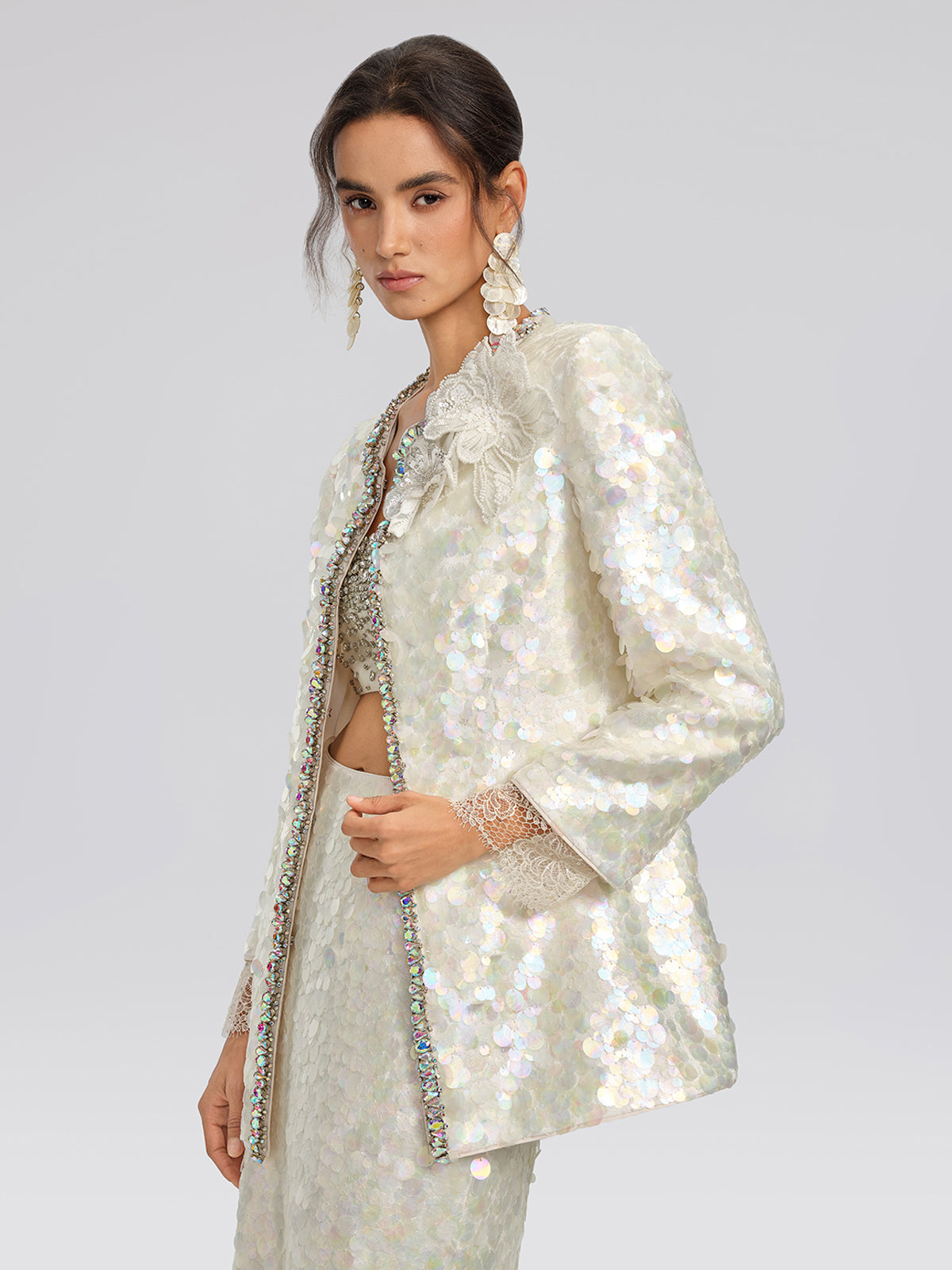 Iridescent Sequin Hand-Beaded Jacket (Detachable Flower Included)