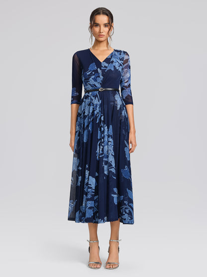 Floral Mesh V-Neck Maxi Dress (Belt Included)