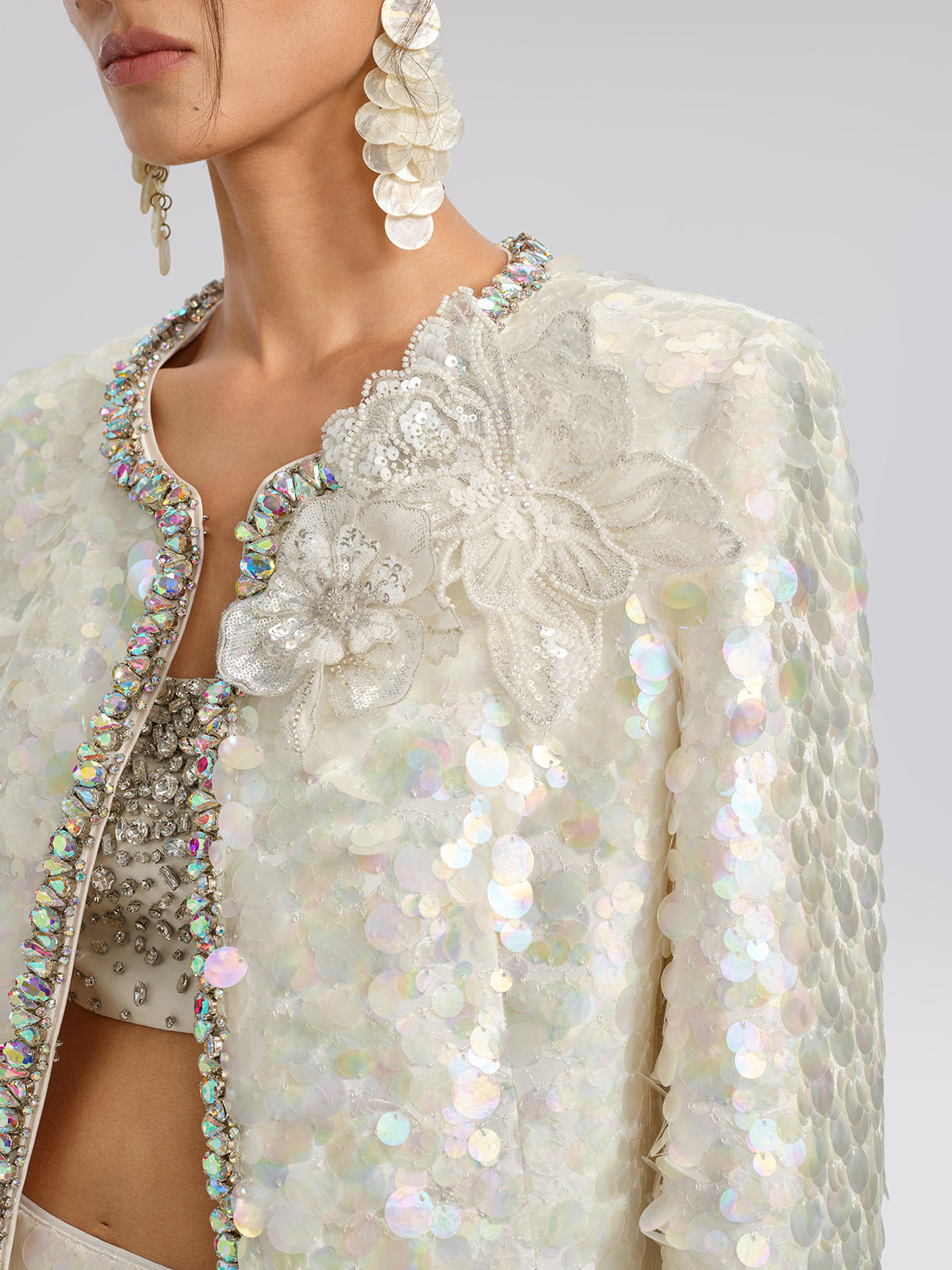 Iridescent Sequin Hand-Beaded Jacket (Detachable Flower Included)