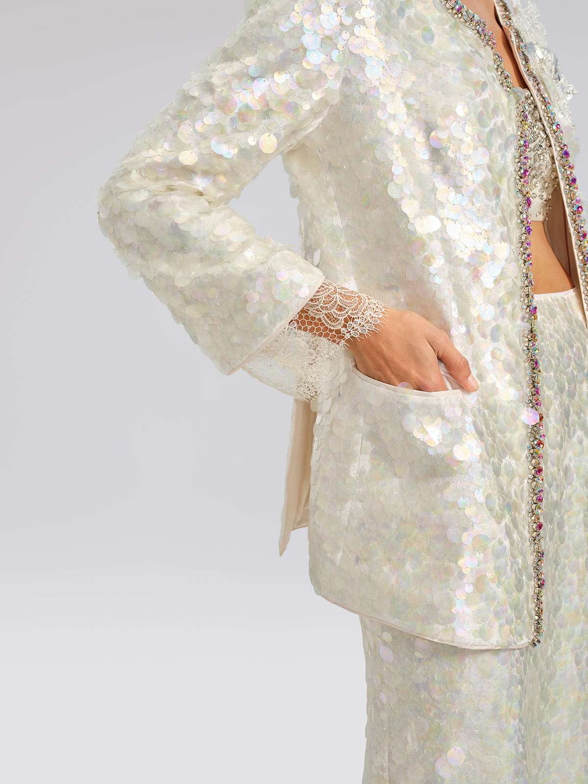 Iridescent Sequin Hand-Beaded Jacket (Detachable Flower Included)