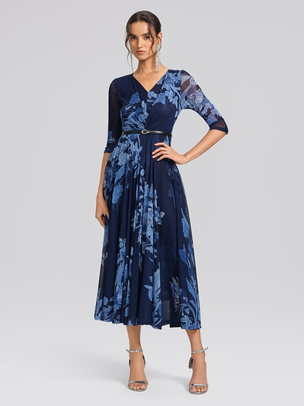 Floral Mesh V-Neck Maxi Dress (Belt Included)