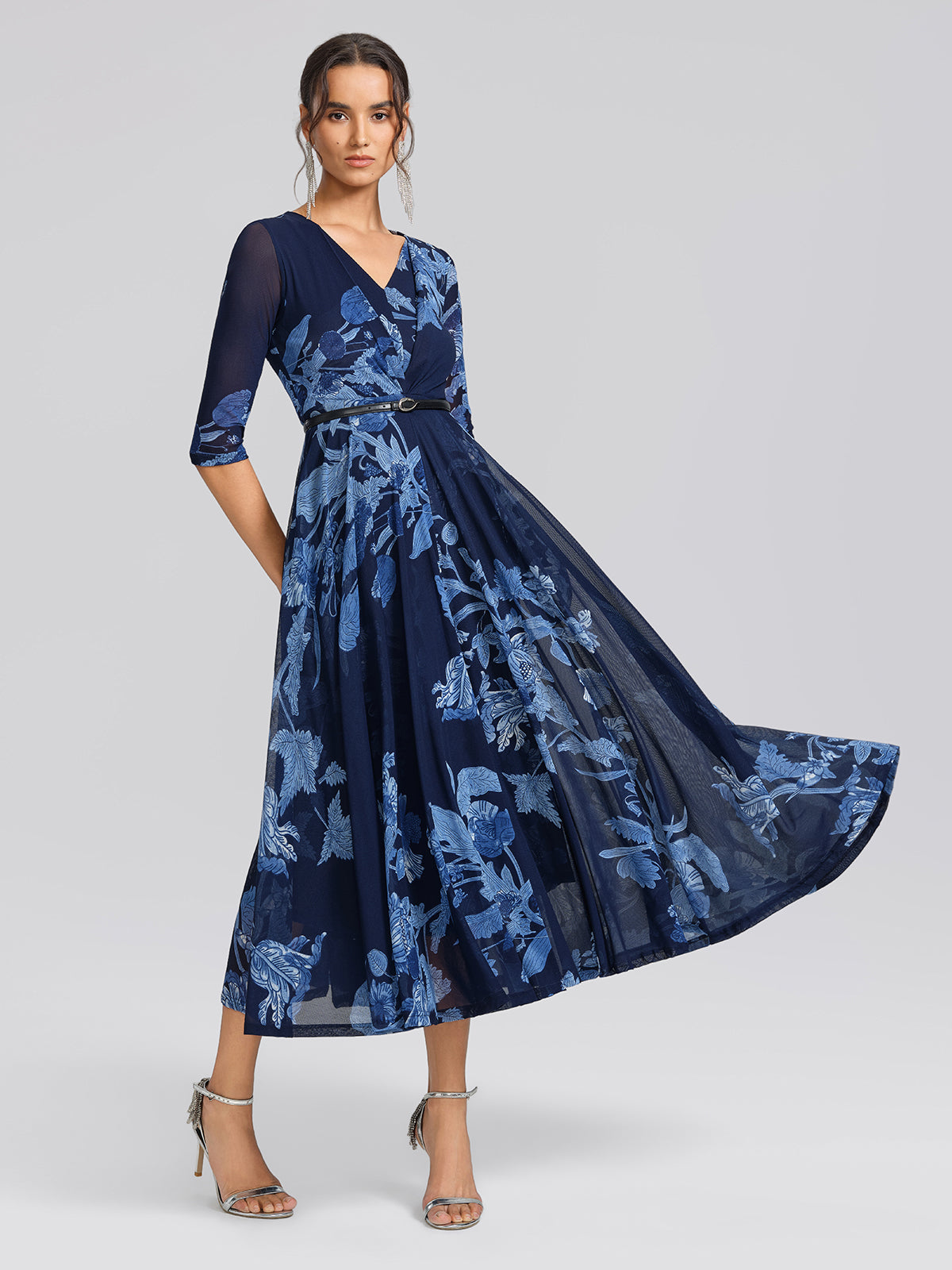 Floral Mesh V-Neck Maxi Dress (Belt Included)