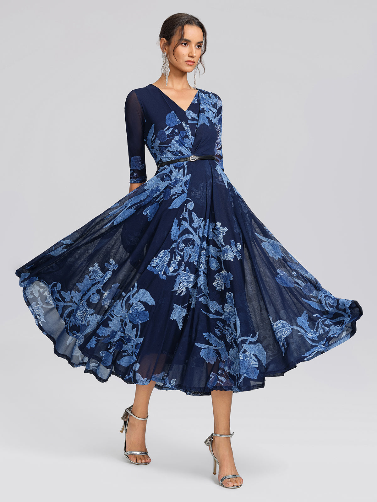 Floral Mesh V-Neck Maxi Dress (Belt Included)