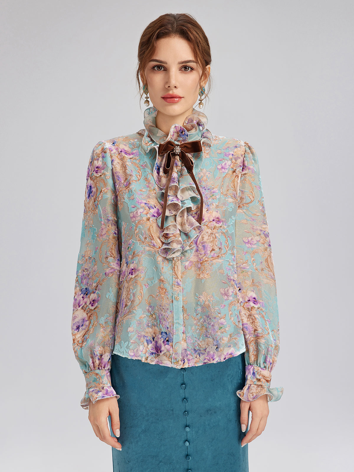 Silk Velvet Devoré Ribbon Bow Ruffle Blouse