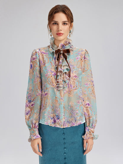 Silk Velvet Devoré Ribbon Bow Ruffle Blouse