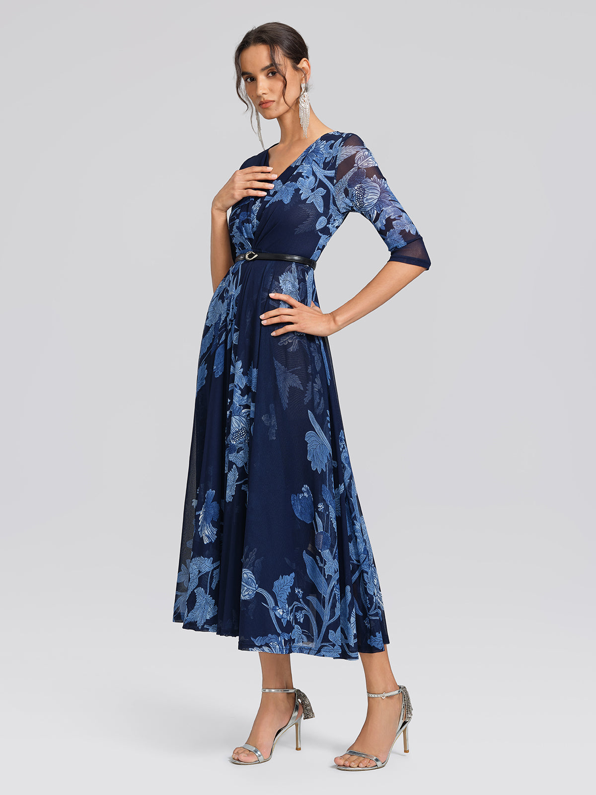 Floral Mesh V-Neck Maxi Dress (Belt Included)