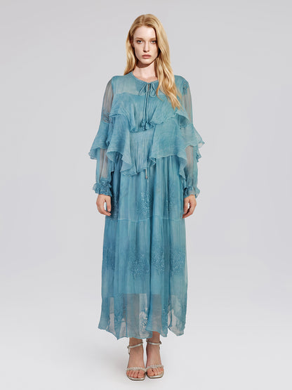Washed Silk Floral Embroidered Dress