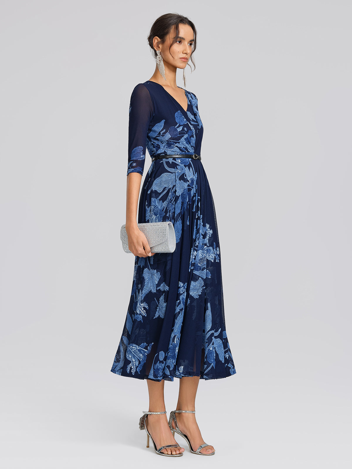 Floral Mesh V-Neck Maxi Dress (Belt Included)