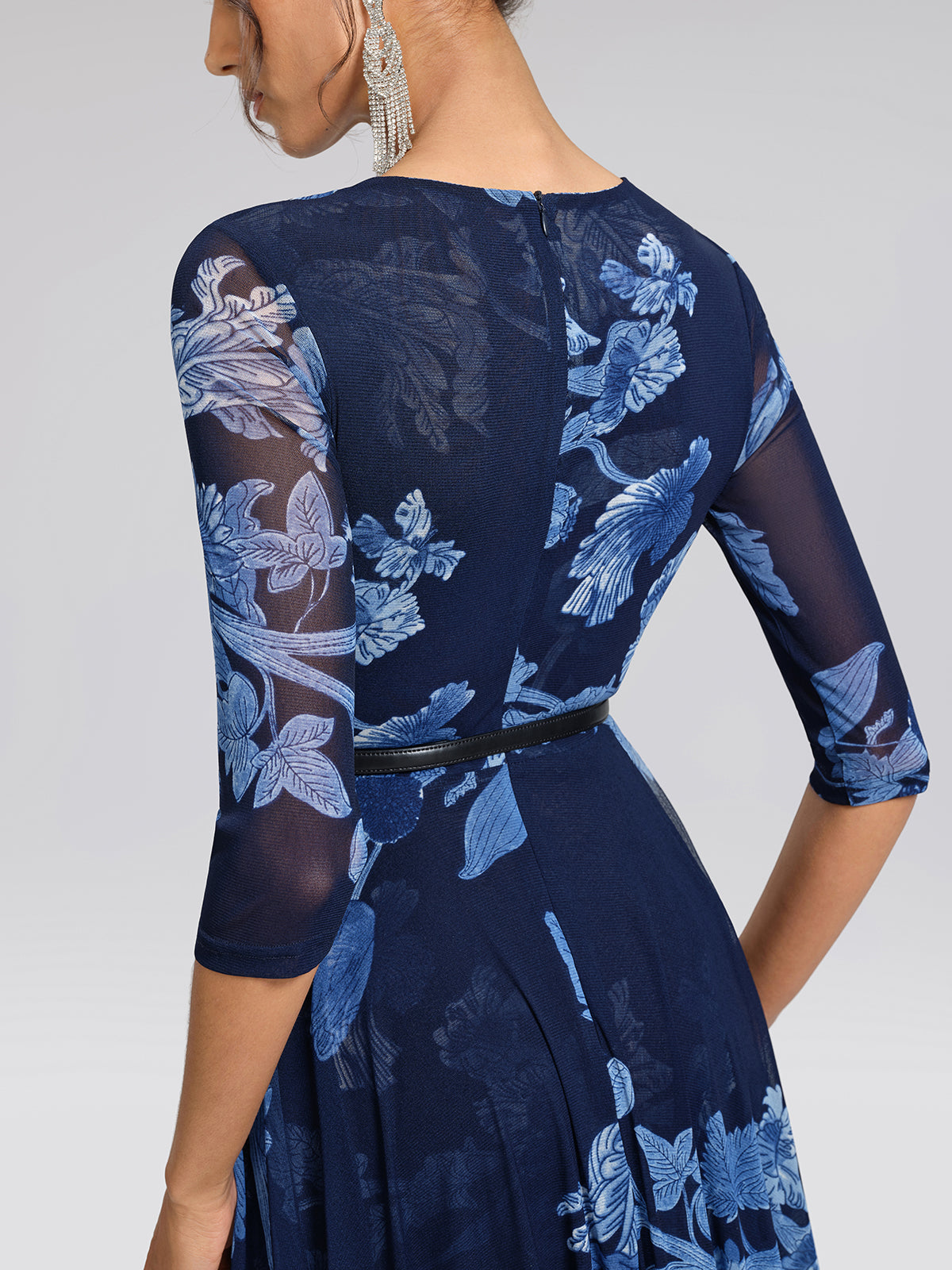 Floral Mesh V-Neck Maxi Dress (Belt Included)