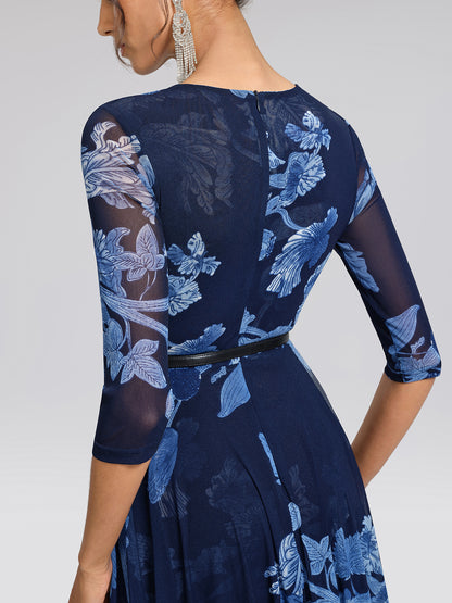 Floral Mesh V-Neck Maxi Dress (Belt Included)