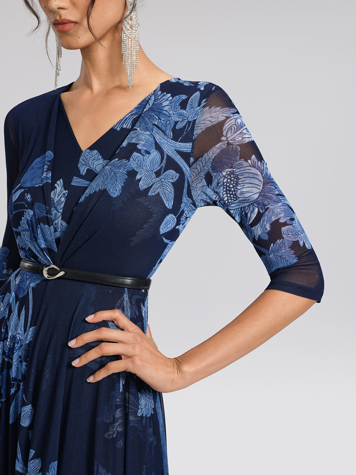 Floral Mesh V-Neck Maxi Dress (Belt Included)